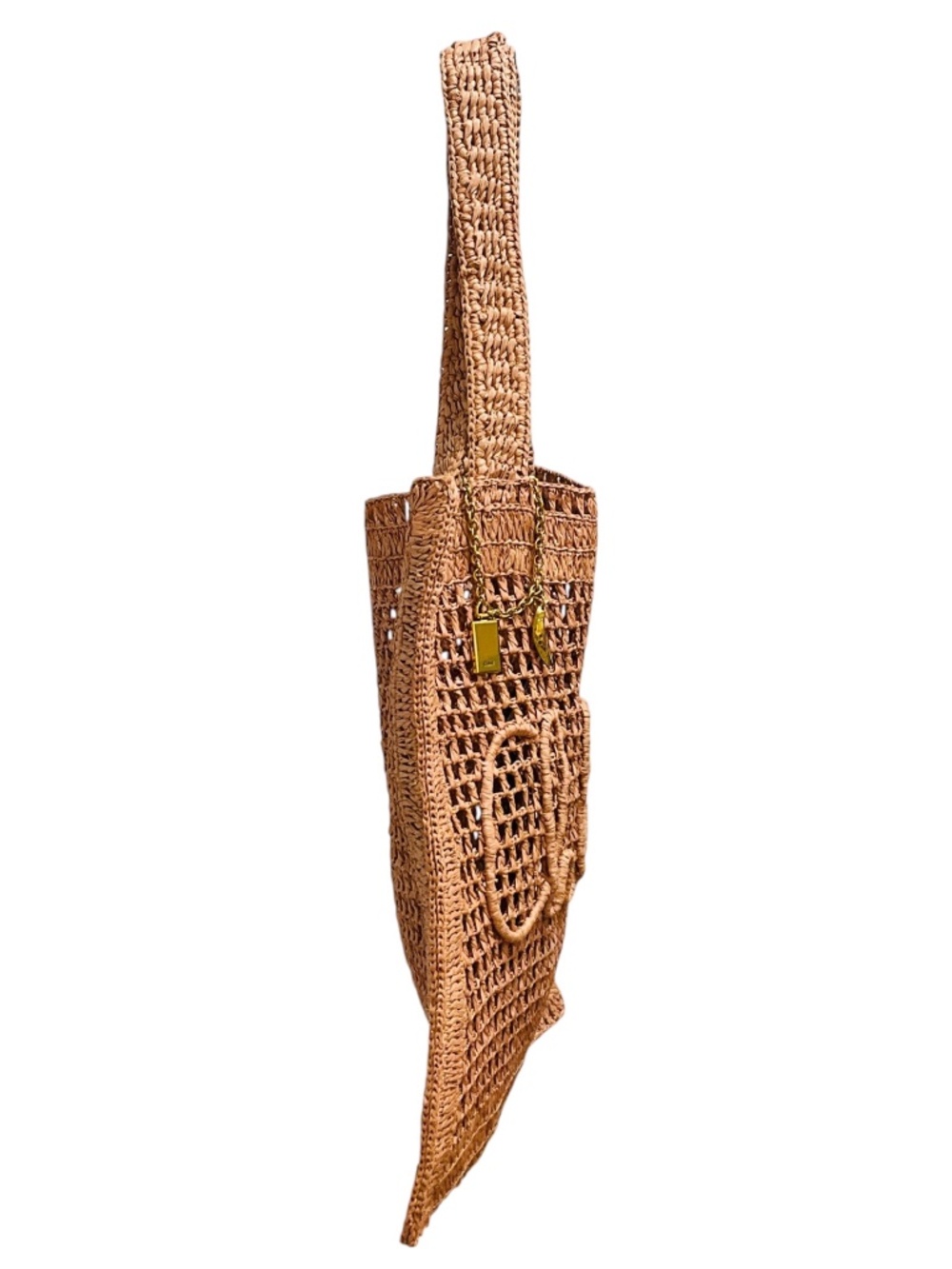 CHLOE SUMMERY BEIGE SUMMER BANANA LOGO RAFFIA CROCHET TOTE BAG - Picture 2 of 16
